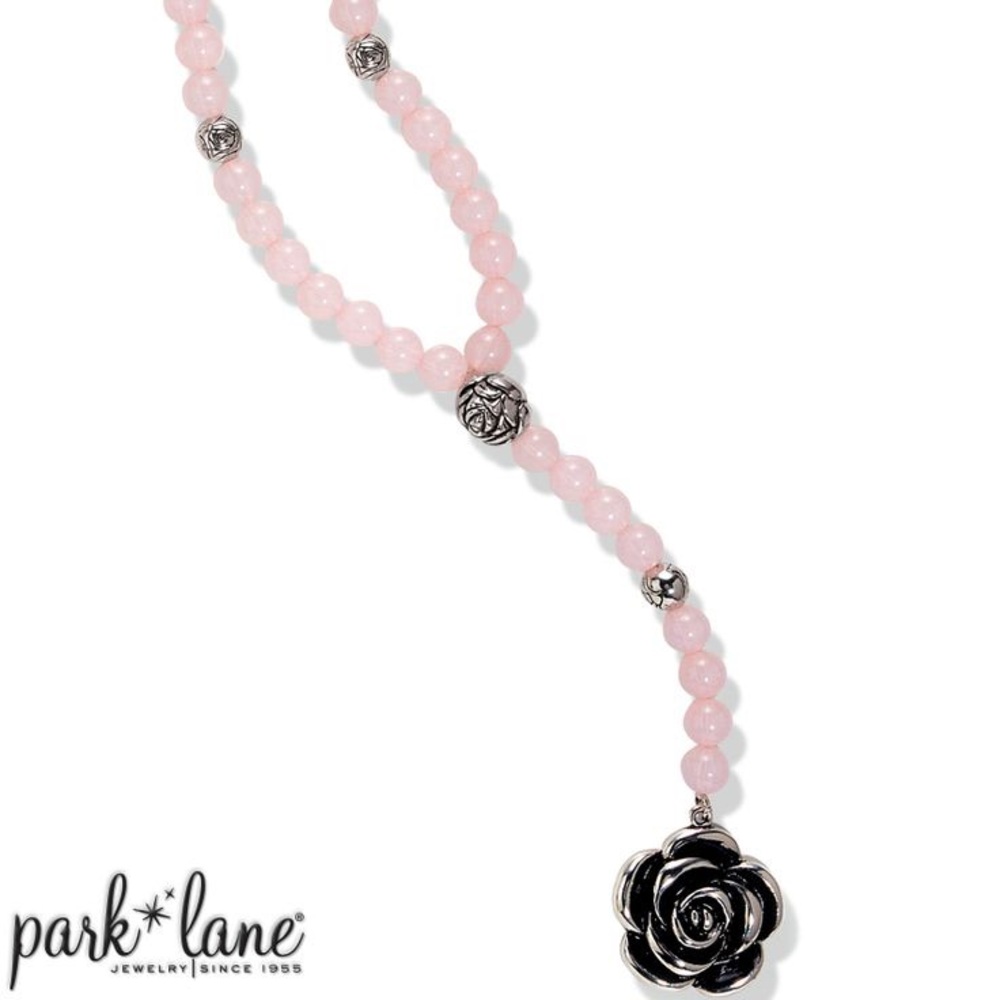 Vintage Park Lane Rose Quart Pink Necklace with Silver Floral Charms 26”